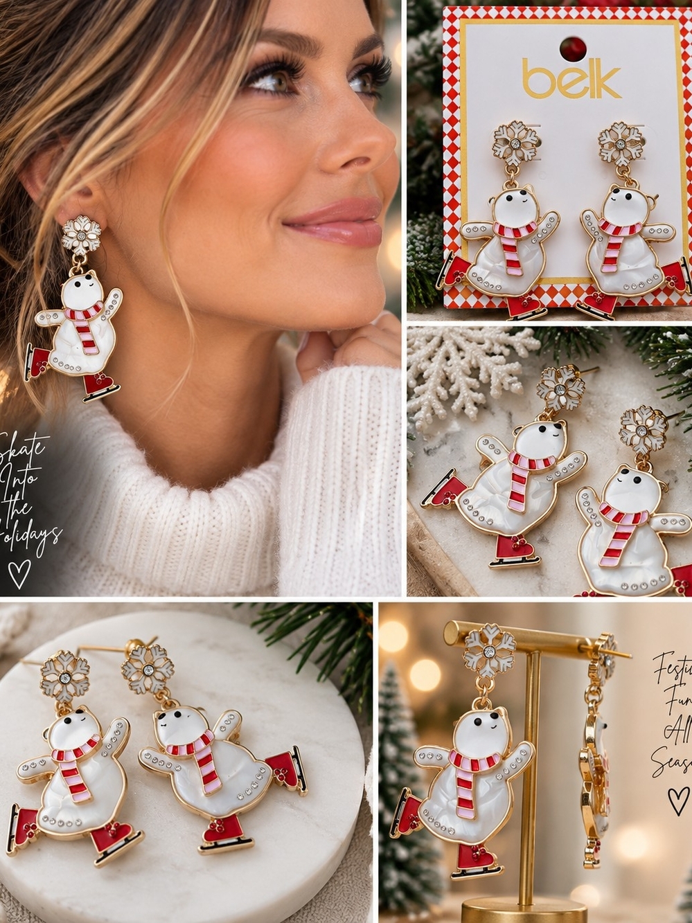 Belk NWT Christmas Ice Skating Snowman Dangle Earrings Rhinestone Gold Tone